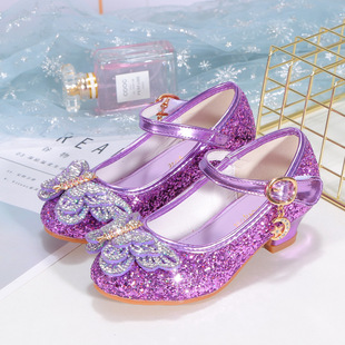 2023 New Girls' High-heeled Single-layer Shoes Korean Style Rhinestone Bow Sequin Princess Shoes