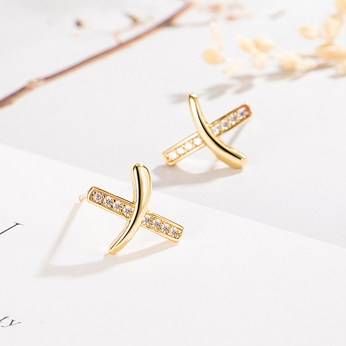 Korean style simple cross earrings for women English letter X earrings small and exquisite earrings plated s925 earrings college style