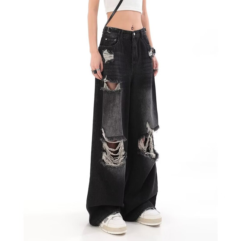 American Style High Street Black Ripped Jeans Women's Spice Girls New Ins Design Sense Hip Hop Straight Leg Wide Leg Pants American Style High Street Black Ripped Jeans Women's Spice Girls New Ins Design Sense Hip Hop Straight Leg Wide Leg Pants