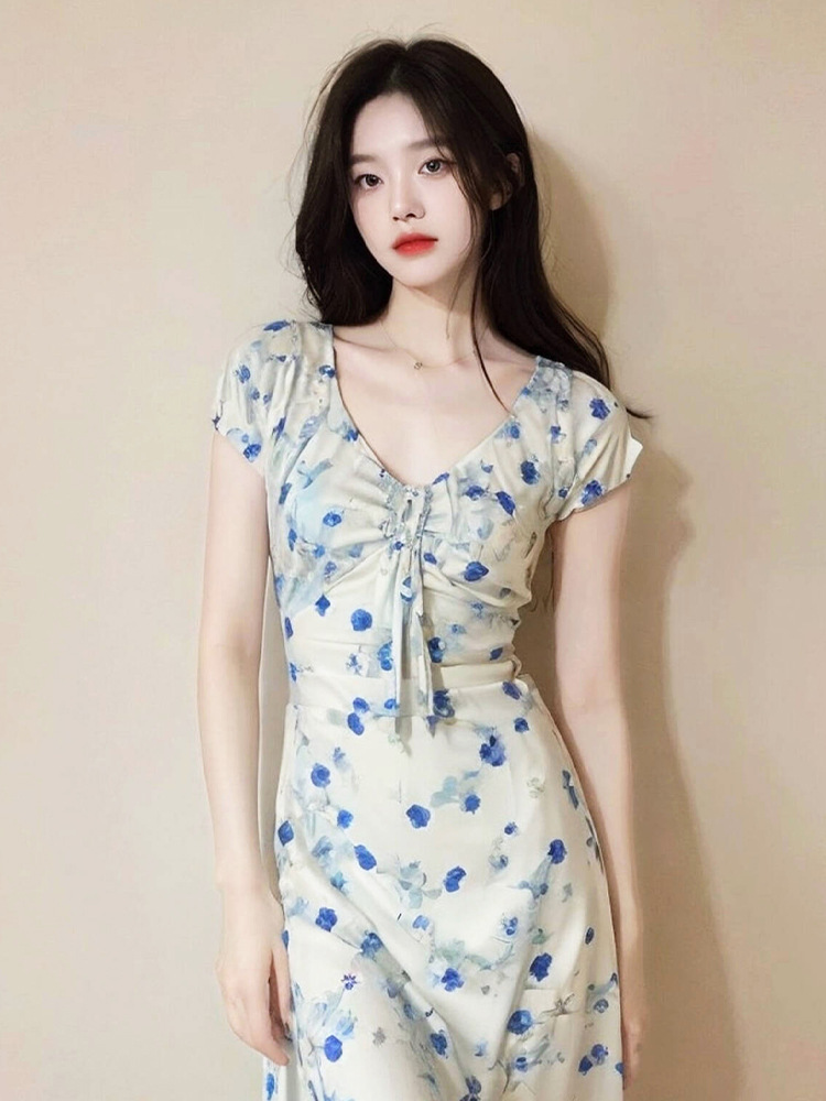 Đầm maxi nữ thắt eo họa tiết hoa nhí kiểu Pháp — Váy liền hoa nhí
