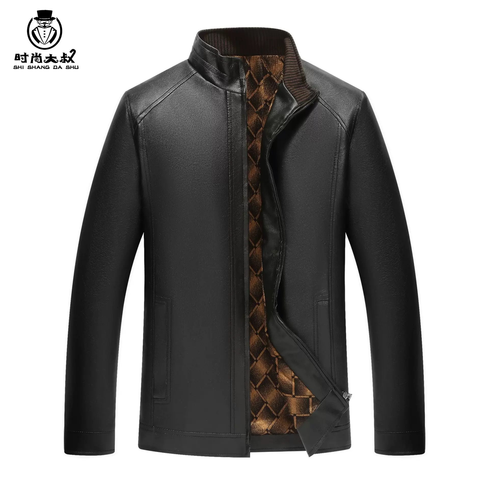 金丝绒皮衣男士外套中老年好皮立领加绒夹克爸爸冬装上衣出口专供