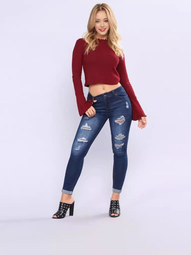 European and American-style high-waisted ripped stretch-fit jeans for women—tight-fitting