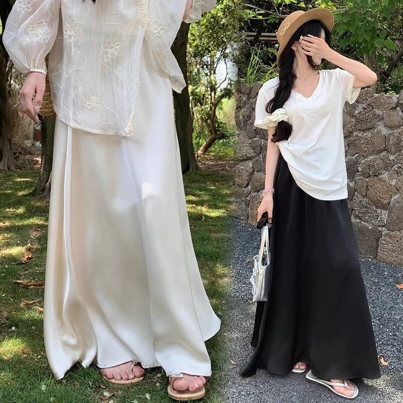 Юбка для беременных без живота Летняя сплошная темпераментная юбка Полюс шелковистая атласная тонкая юбка среднего и длинного зонтика