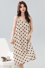 2025新款夏季薄款棉绸吊带睡裙女黑色圆点时尚性感打底中长款睡衣