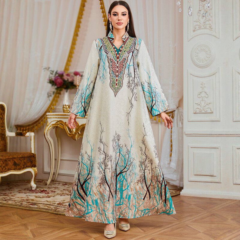 Foreign Trade Cross-Border Long Robe Digital Print V-Neck Dress Fashion Casual Loose Elegant Women's Long Dress Long Style Foreign Trade Cross-Border Long Robe Digital Print V-Neck Dress Fashion Casual Loose Elegant Women's Long Dress Long Style