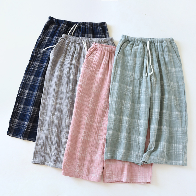 Summer Couple's Crepe Cotton Capri Pants Women's Cotton Double-Layer Gauze Home Pants Men's Large Size Padded Plaid