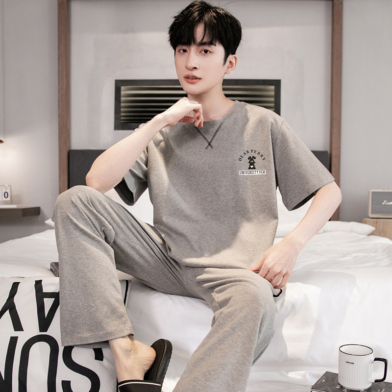 100% Pure Cotton Pajamas for Men, Summer Thin Short-Sleeved Long Pants, Cotton Round Neck, New Style Men's Outerwear, Student Home Clothes