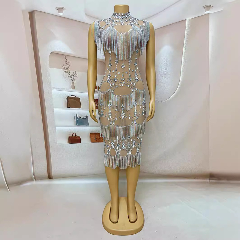 Cross-border Performance Clothing Nightclub Bar Women Full Diamond Tassel Chain Sleeveless Dress Long Birthday Banquet Evening Party Dress