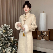 新中式毛呢套装裙女冬季新款气质流苏盘扣毛呢外套高腰半裙两件套
