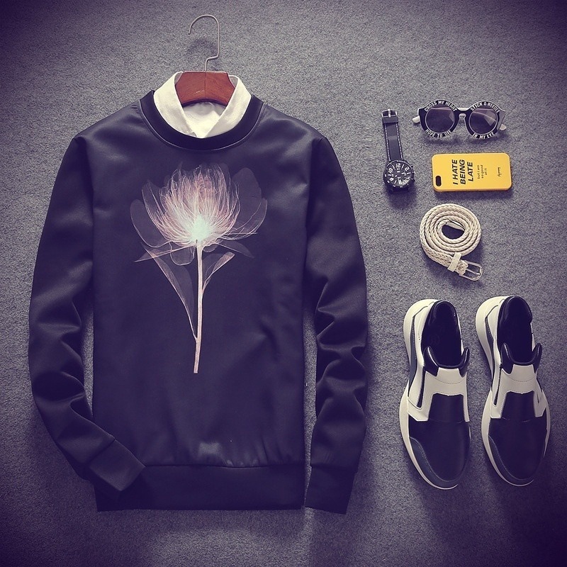 春秋季新款情侣荷花卫衣韩版时尚圆领长袖印花情侣装男女班服上衣