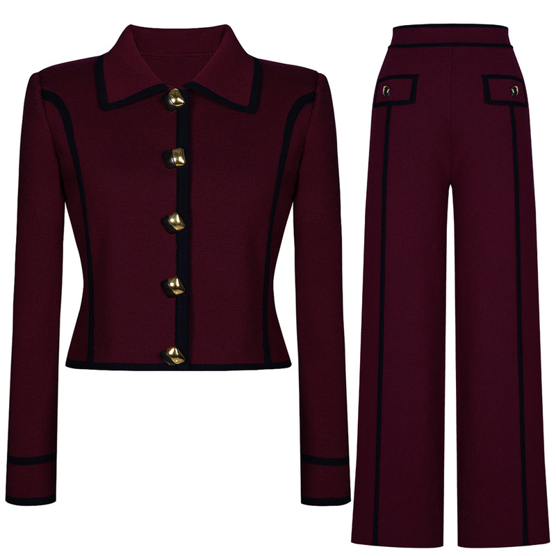 24271 In-Stock Spring and Autumn New Fashion Knit Cardigan Heavy-Duty Woolen Top Cardigan + Straight-Leg Pants