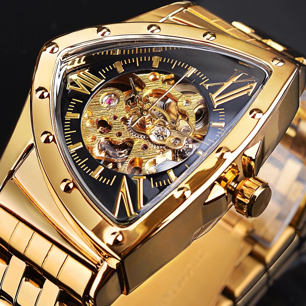 Forsining reloj mecánico automático estilo europeo y americano triángulo cabeza hombres moda casual hueco muñeca reloj transparente