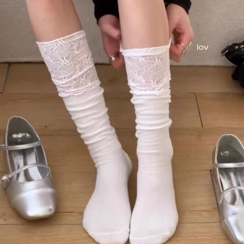 春夏ins芭蕾风蕾丝拼接袜子女小腿袜高筒靴袜花边百搭木耳堆堆袜|undefined
