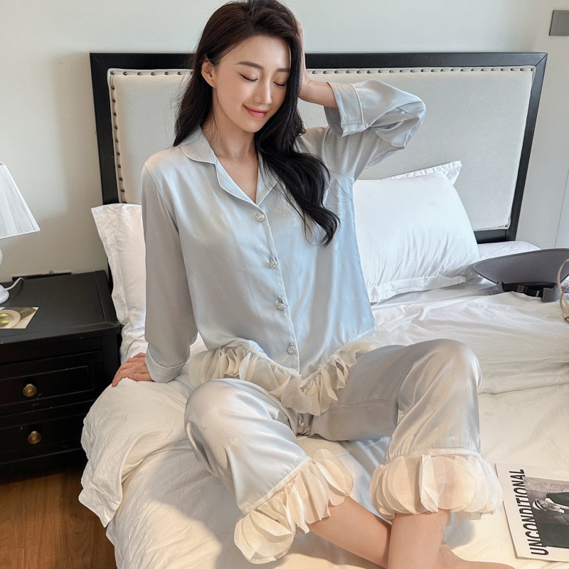 MAD NONO甜梦冰丝缎家居服套装法式温柔复古长袖长裤蕾丝睡衣女|undefined