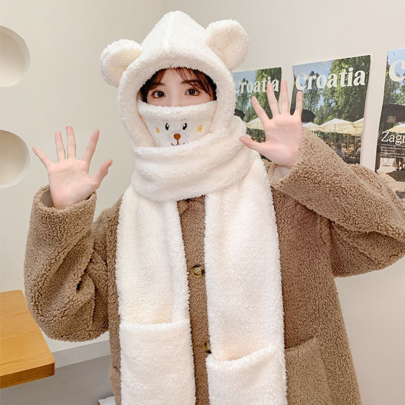 クマの帽子とスカーフオールインワン女性の秋と冬かわいい学生サイクリングぬいぐるみ暖かい耳保護フード付きマスクスカーフ|undefined