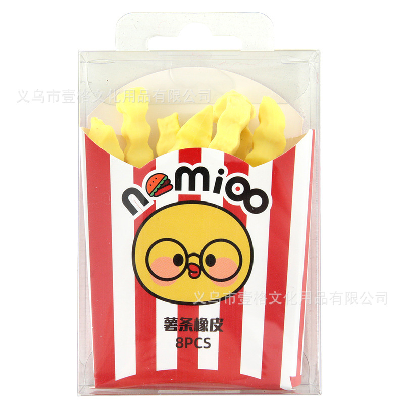 Nuevos productos de dibujos animados en forma de borradores de papas fritas lindos y creativos, el conjunto de borradores de papas fritas limpiado transfronterizos