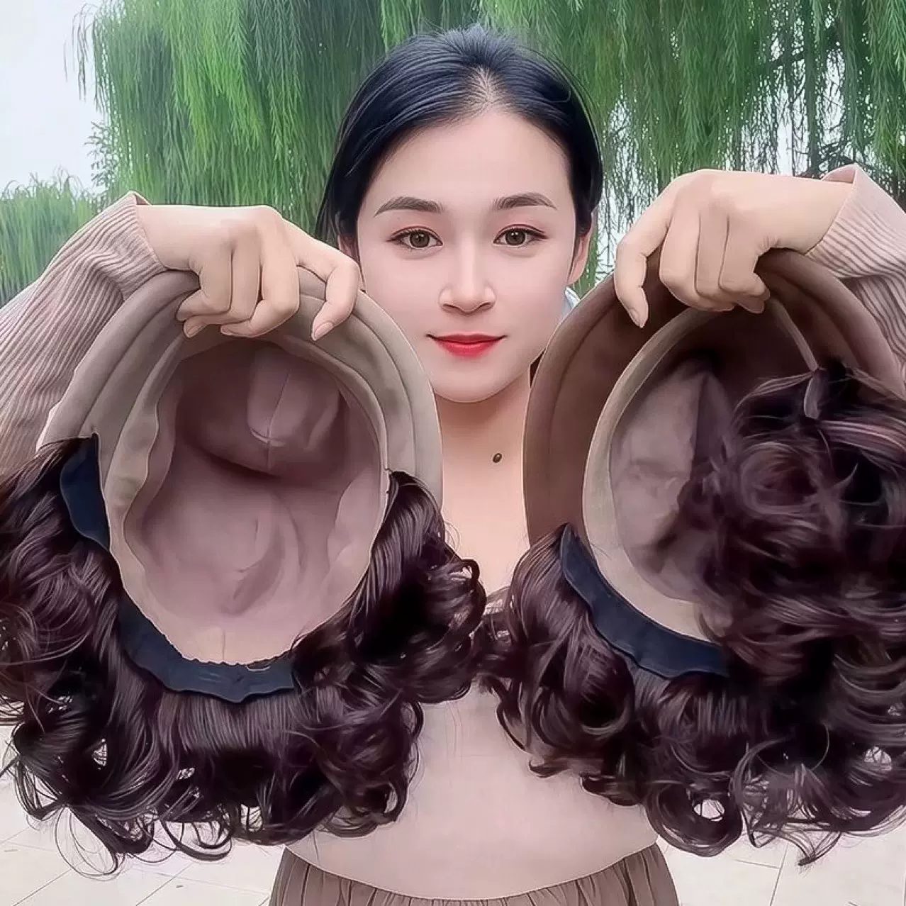 秋冬新款帽子假发一体加厚羊毛呢渔夫帽慵懒卷洋气减龄短卷发头套