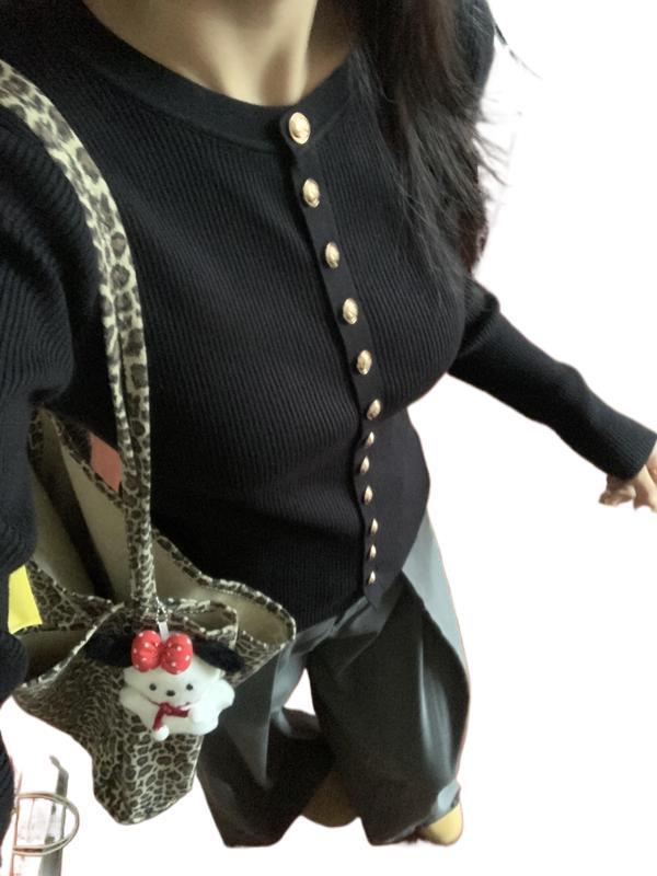 单排长袖针织衫女黑色舒适感开衫新款软糯修身显瘦内搭打底衫秋春|undefined