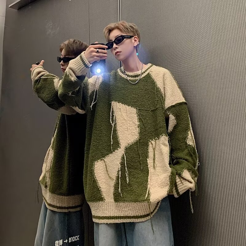 Invierno camuflaje de diseño de bordilla sensación de viento perezoso camiseta de punto pareja de hombre y mujer engrosada industria pesada suéter de color contraste chaqueta