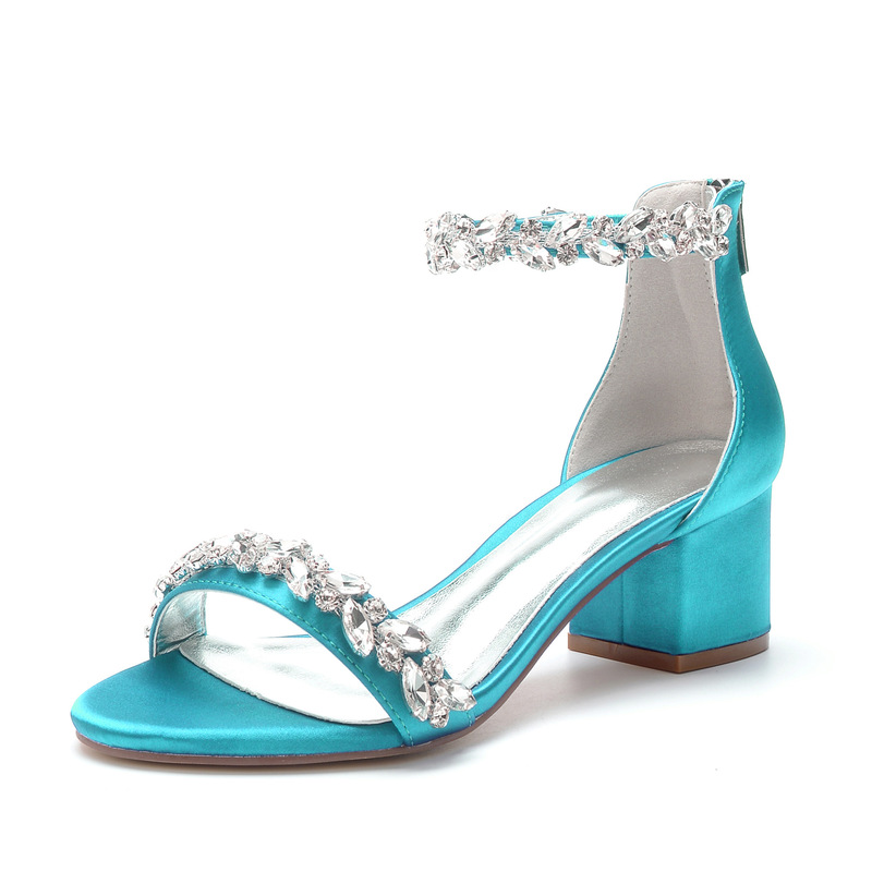 European and American 5cm thick heel large size green high heels fashion one word with rhinestone high heel sandals 43