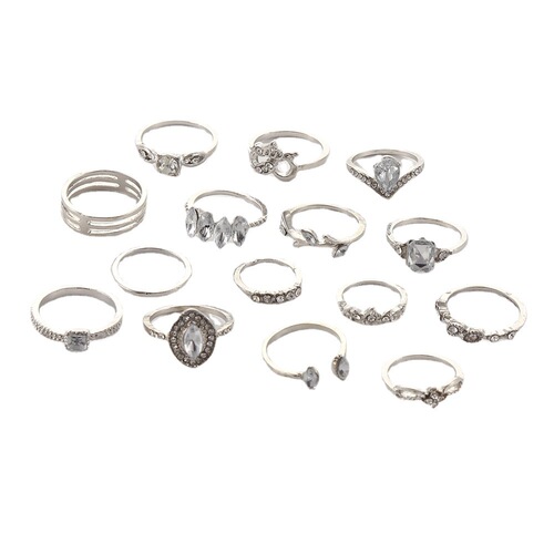 European and American cross-border foreign trade retro ring wholesale fashion leaf love diamond 15-piece set fashionable women's ring