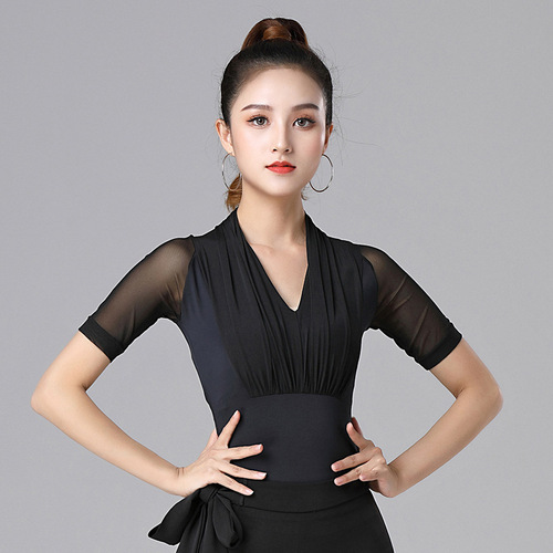 Ballroom dance clothing network summer red Latin dance clothing tops women's modern dance practice clothing pleated mesh short sleeves