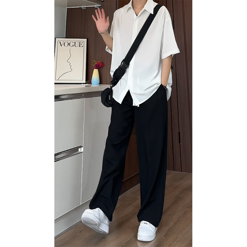 Ice Silk Quick-drying Draped Short-sleeved Shirt American Casual Crock Pants plus size Solid Color Short-sleeved Top Pants Two-piece Set