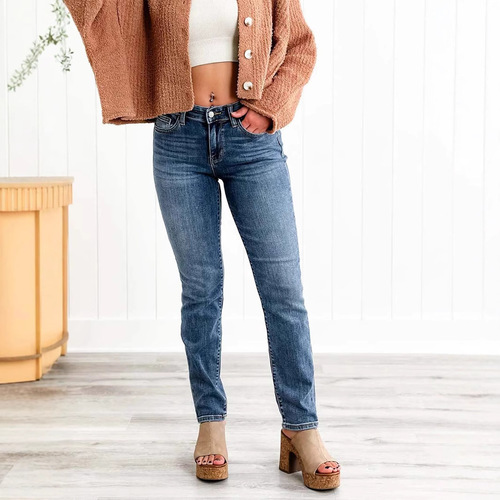 European and American small foot women's middle waist elastic slimming straight leg denim pencil pants women's long pants