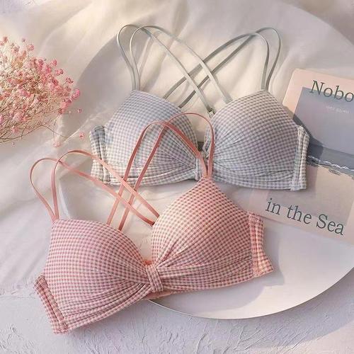 Bra set for Japanese girls, cute and sexy plaid, small breasts, gathered, no rims, beautiful back underwear, thin style for female students