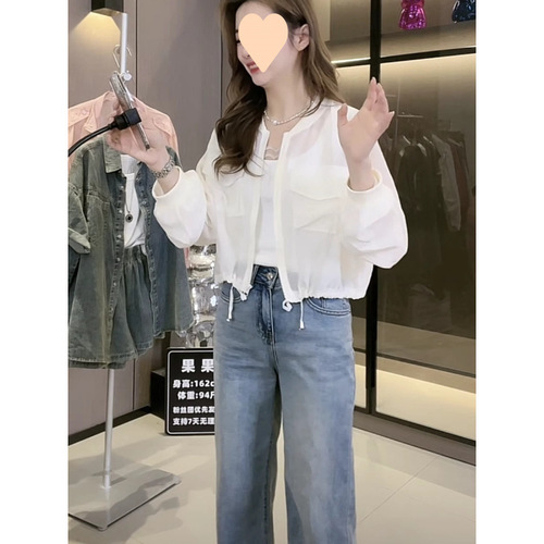 Summer 2025 New Drawstring Cinched Waist Short-Sleeve Thin Loose Sun Shirt for Women, Wearable for Petite Figures, Versatile Top