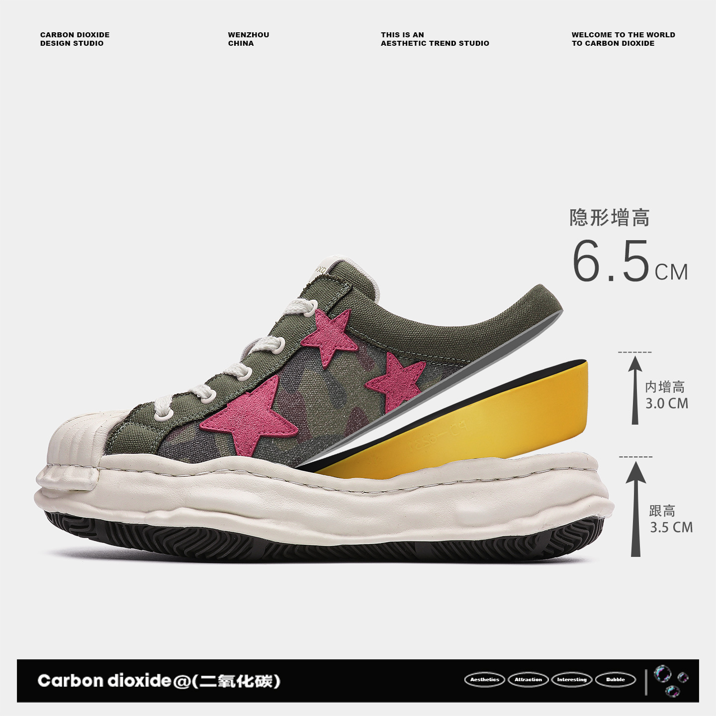 6.5cm Invisible Height-Increasing Camouflage Shell-Toe Star Shoes, Unisex Thick-Soled Slip-On Casual Versatile Lazy Shoes