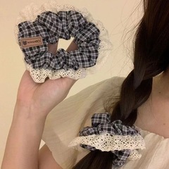English Academic Style Blue Plaid Hair Tie for Women, Ins Style Trendy French Retro Lace and Leather Hairband Accessory