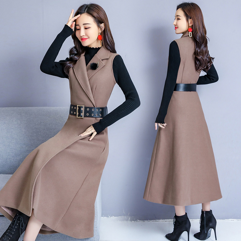 黁白藤朵朵秋冬毛呢两件套连衣裙女中长款针织马甲两件套装裙A字