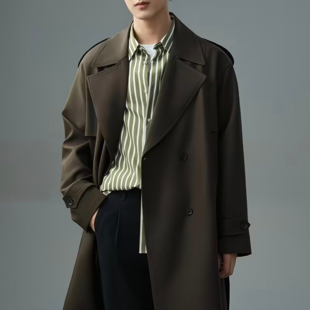 2026 Spring/Autumn High-Density Fine Twill Trench Coat for Men, Mid-Length, Sophisticated Loose Fit, Trendy Hunting Coat