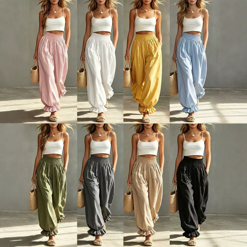 Amazon Cross-Border New High-Waisted Solid Color Lantern Pants Casual Summer Pants with Ruffled Cuffs Loose Fit Women's Pants Amazon Cross-Border New High-Waisted Solid Color Lantern Pants Casual Summer Pants with Ruffled Cuffs Loose Fit Women's Pants