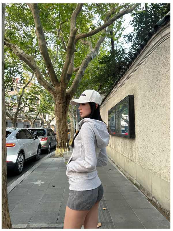 灰色修身卫衣外套女款早秋穿搭正肩收腰连帽上衣显瘦紧身收腰|undefined