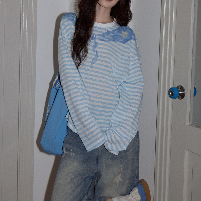 Noisy Korean-Style Blue Striped Sun-Protective Cover-Up for Women, 2025 Summer, Lazy Loose Navy Style Vacation T-Shirt Top