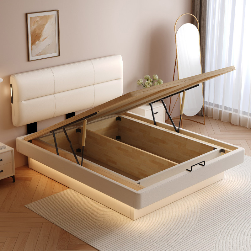 Simple Floating Storage Bed, Solid Wood Double Bed, Space-Saving for Small Master Bedrooms, Adjustable Thin Bed with Leather Headboard Simple Floating Storage Bed, Solid Wood Double Bed, Space-Saving for Small Master Bedrooms, Adjustable Thin Bed with Leather Headboard