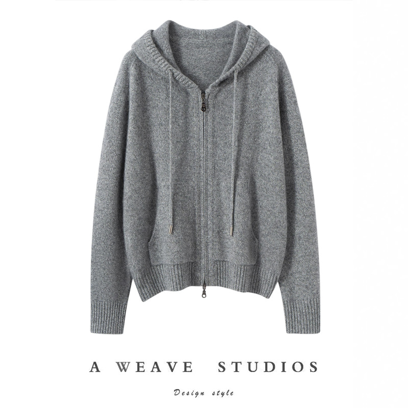 New Autumn and Winter 100% Pure Cashmere Sweater for Women, Solid Color Hooded Sweatshirt with Drawstring Pockets, Zippered Knit Cardigan Sweatshirt Jacket