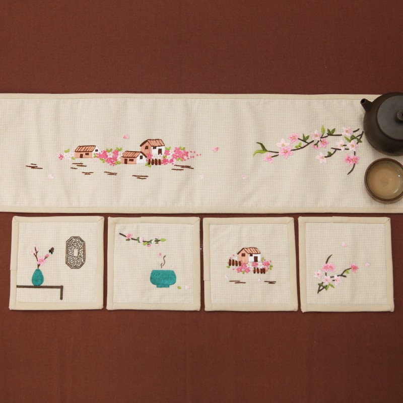 Bordado diy camelia estera de té estilo chino zen lu bordado hecho a mano diy estera de té de algodón y lino bordado tridimensional principiante bandera de té image 21
