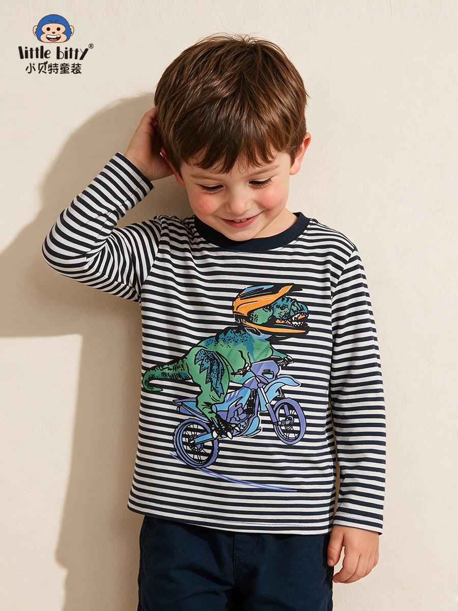 Cross-border supply autumn boys' long-sleeve T-shirt 2026 striped cartoon animal round-neck printed children's base shirt
