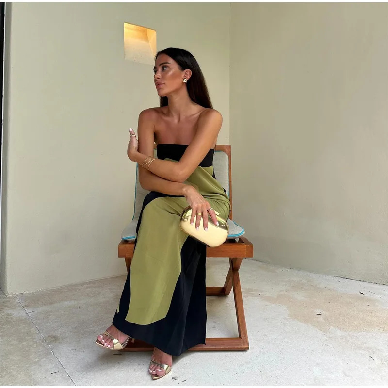 Holiday, Daily, Beach Occasion Strapless Neckline Wholesale Women's Streetwear Contrast Binding Geometric Holiday Daily Beach Strapless Sleeveless Sheath Dress