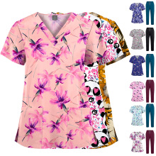 temu印花V领弹力速干工作服套装护士服可爱图案儿科诊所洗手衣男