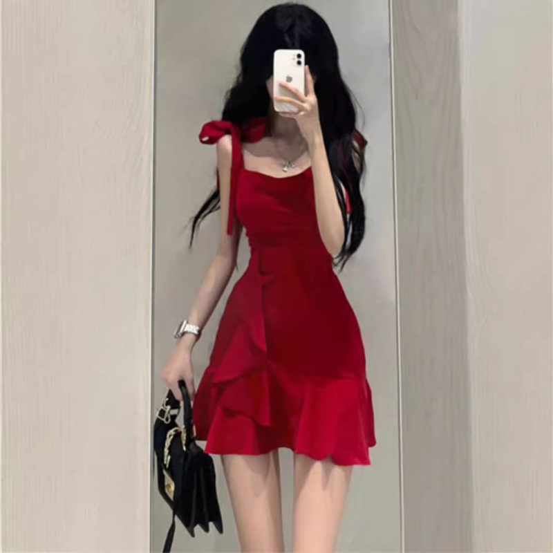 Pure Desire Style Hot Girl Red Sling dress Women's Summer New Design Sense Niche Elegant Tight Waist Slimming Skirt