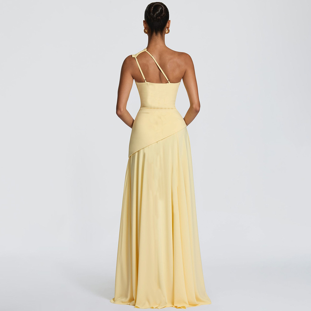 Transfronterizo Amazon 2026 verano nuevo temperamento cuello inclinado hombro único plegado chiffon cintura abierta vestido grande image 2