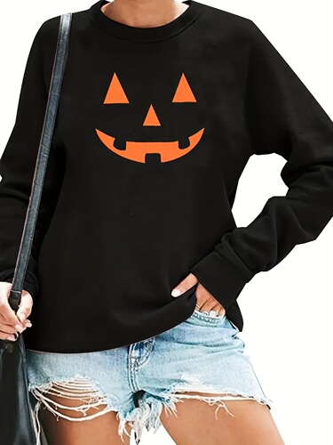 European Station Bestselling Women's Pumpkin Print Long Sleeve Halloween Sweatshirt T-Shirt Top Pumpkin Pattern Halloween Trend