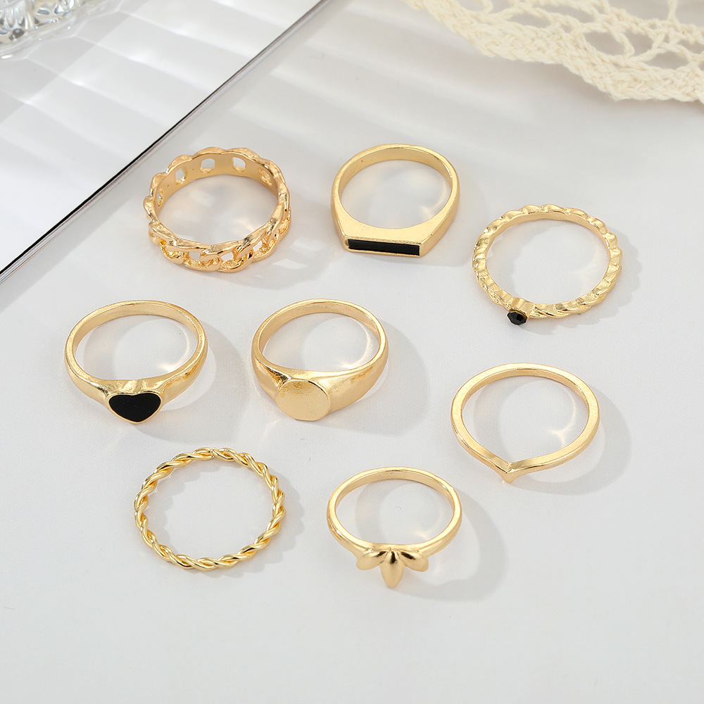 8 Pieces Retro Heart Shape Metal Enamel Plating Inlay Artificial Gemstones Womenu0027S Rings