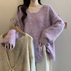 紫色毛衣女2025秋冬新款前后两穿胖mm慵懒显瘦渐变针织衫女A6959