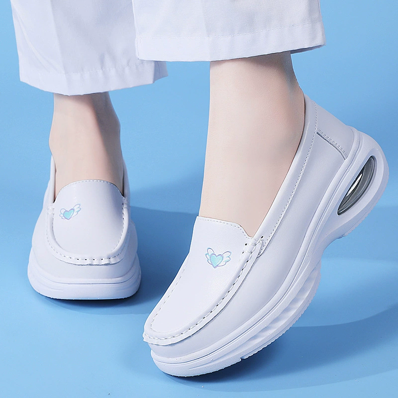 Женская летняя обувь для медсестер на воздушной подушке, нескользящая толстая подошва из натуральной кожи с вырезом, мягкая подошва, не утомляющая ноги, дышащая медицинская рабочая обувь.