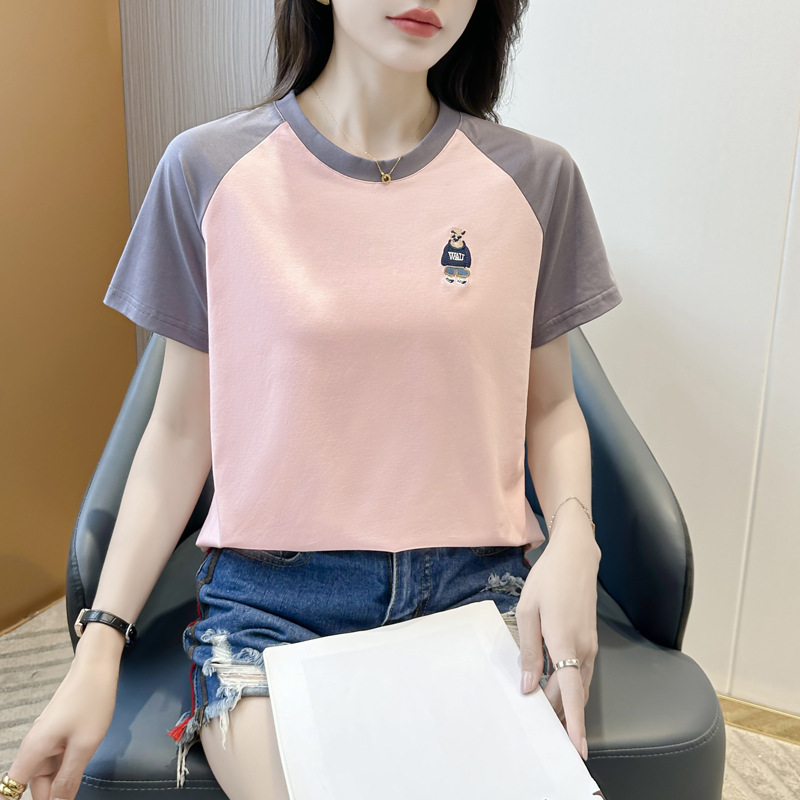 112~ソロナアイス刺繍クマルーズTシャツパッチワークラグランスリーブ半袖ラウンドネックコントラストカラーオールマッチトップ|undefined